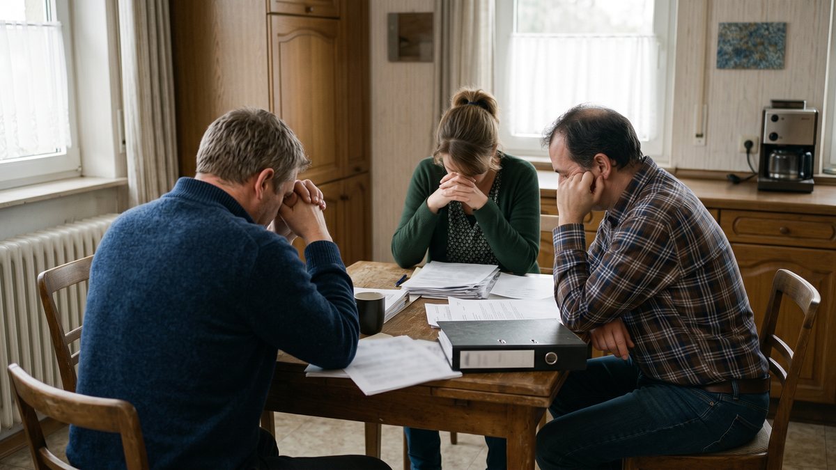 Drei Geschwister am Küchentisch eines geerbten Hauses mit Unterlagen