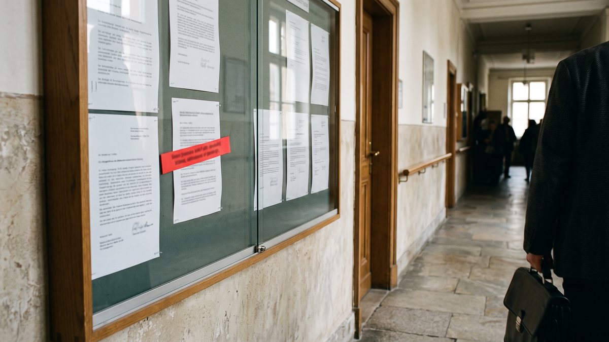 Leerer Sitzungssaal eines Amtsgerichts mit wenigen besetzten Stühlen