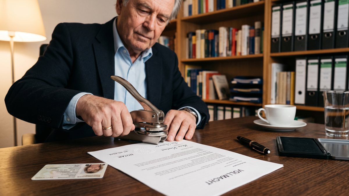 Ein Notar beglaubigt am Schreibtisch die Unterschrift unter einer Vollmacht; Stempel, Siegel und Personalausweis liegen daneben.