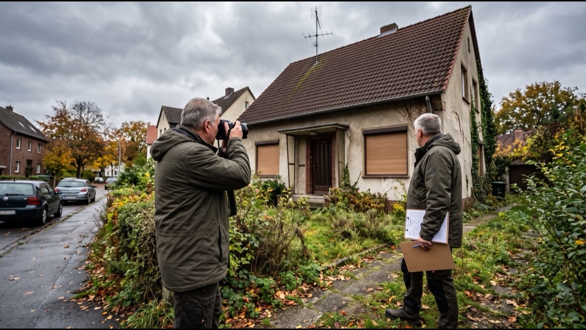 Sachverständiger bei der Außenbesichtigung eines Hauses