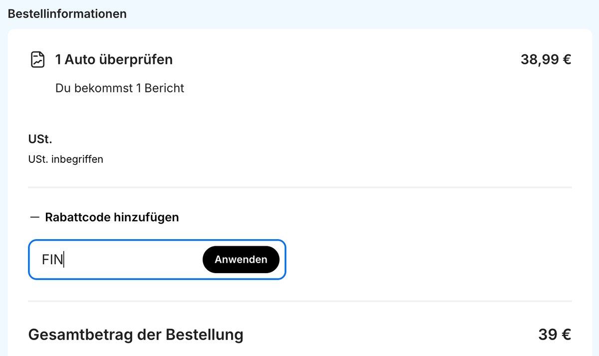 carVertical-Kasse: Rabattcode hinzufügen geöffnet, FIN im Feld Coupon Code, daneben der Knopf Anwenden, Bestellung 1 Auto überprüfen für 38,99 Euro