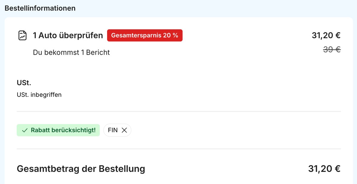 carVertical-Kasse nach Anwenden von FIN: Rabatt berücksichtigt, Gesamtersparnis 20 Prozent, Gesamtbetrag 31,20 Euro statt 39 Euro