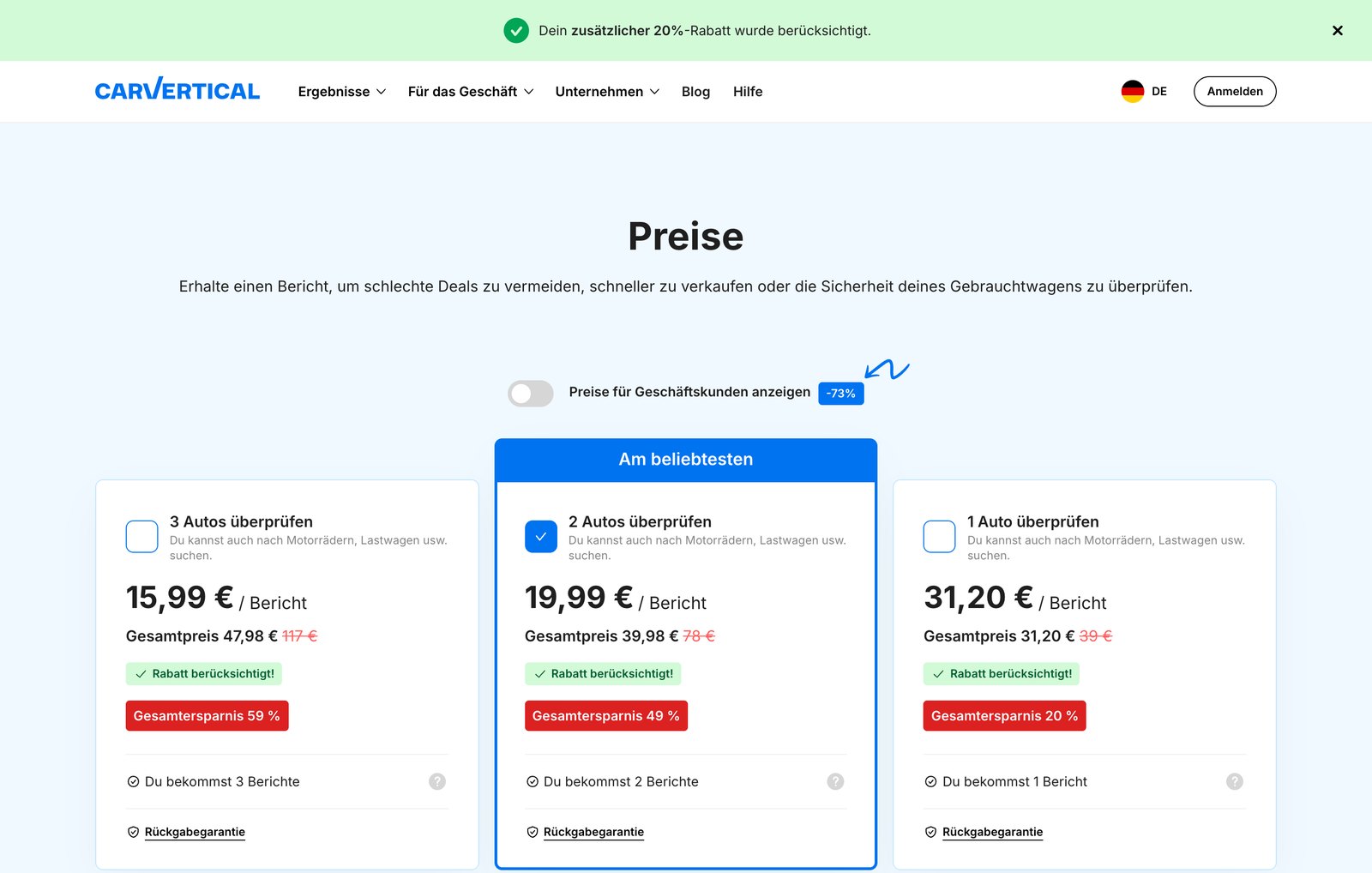 Preisseite von carVertical mit hinterlegtem Code FIN: grüner Hinweis auf 20 Prozent Rabatt, drei Pakete mit Rabatt berücksichtigt, 15,99, 19,99 und 31,20 Euro je Bericht