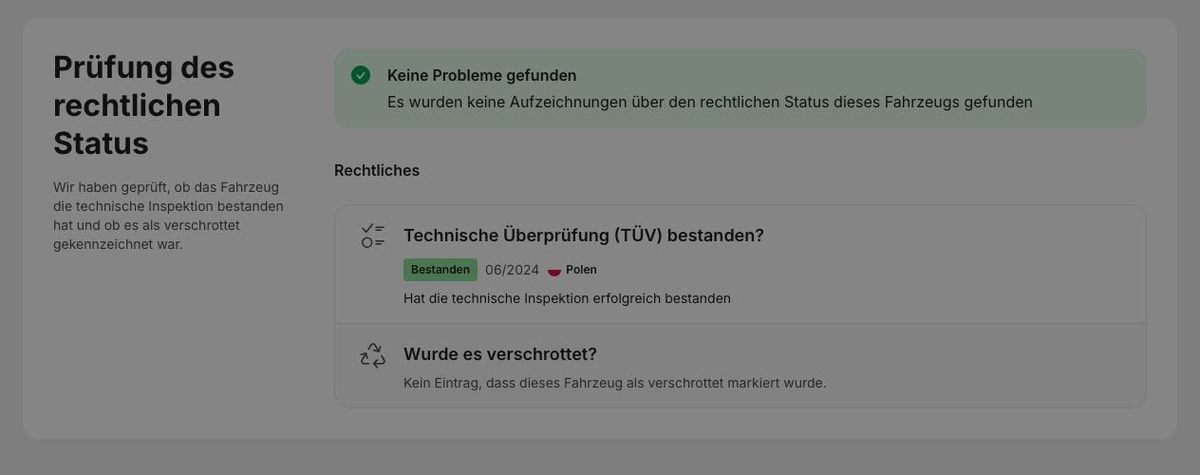Beispielbericht von carVertical: Prüfung des rechtlichen Status mit den Punkten technische Überprüfung und Verschrottung