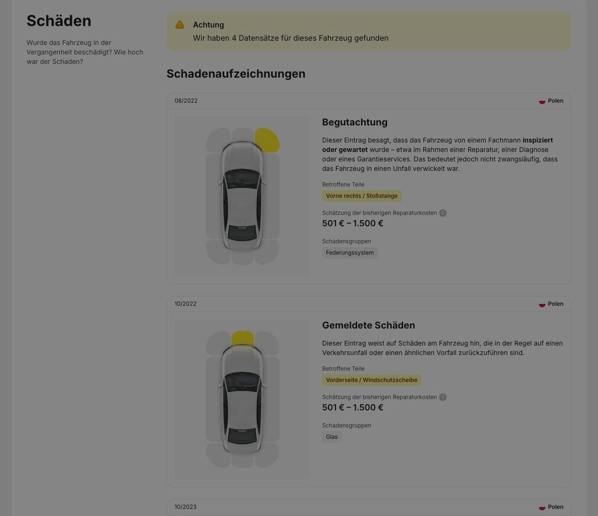 Beispielbericht von carVertical mit Schadenseinträgen, jeweils mit Datum, Land und geschätzter Kostenspanne