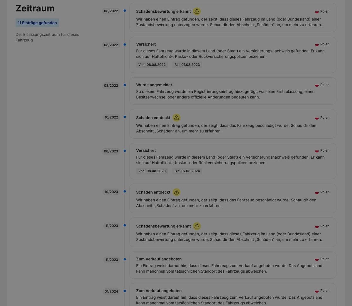Zeitleiste in einem Beispielbericht von carVertical mit datierten Einträgen zu Schadensbewertungen, Versicherung, Anmeldung und Verkaufsangeboten samt Land