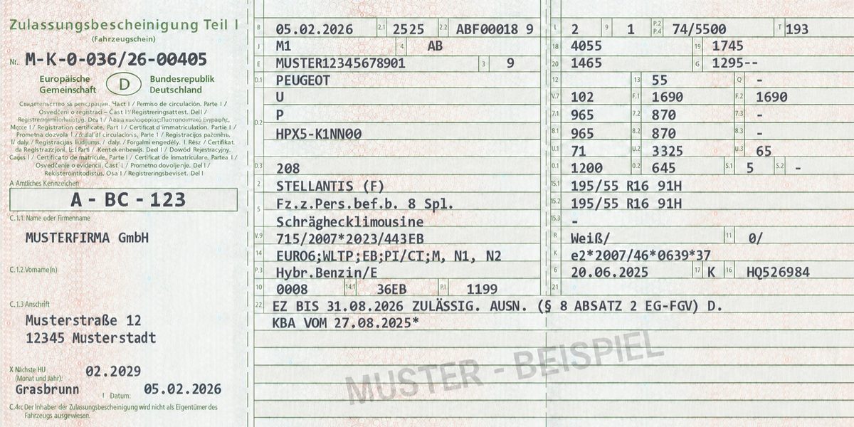 Muster einer deutschen Zulassungsbescheinigung Teil I, Feld E mit der Fahrgestellnummer ist markiert