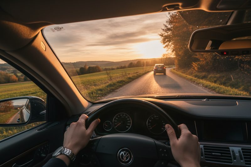 Blick vom Fahrersitz auf eine Landstraße bei Sonnenuntergang, beide Hände am Lenkrad während einer Probefahrt