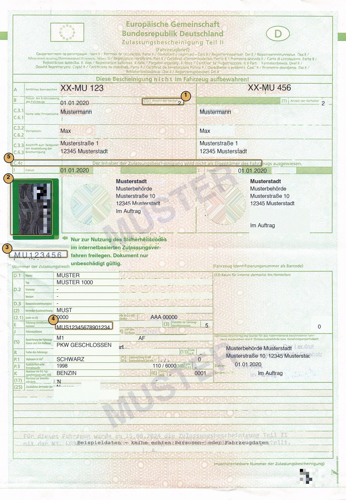 Muster einer Zulassungsbescheinigung Teil II mit markierten Feldern