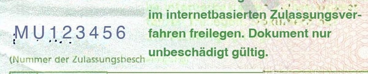 Ausschnitt einer Zulassungsbescheinigung Teil II mit der Nummer der Bescheinigung und dem Hinweis zum Sicherheitscode