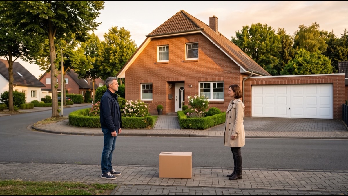 Geschiedenes Paar vor dem gemeinsamen Haus