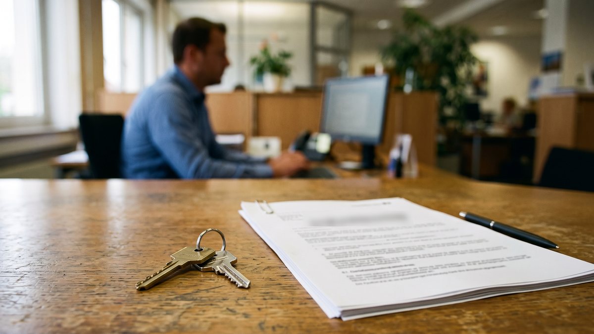 Zwei Schlüsselbunde und ein Grundschuldbrief auf einem leeren Esstisch
