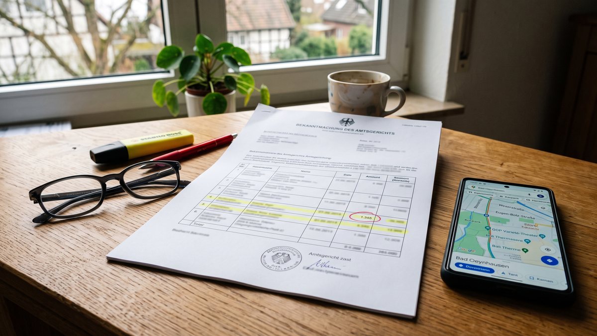 Ausgedruckte Bekanntmachung eines Amtsgerichts auf einem Schreibtisch, einzelne Zeilen mit Textmarker hervorgehoben: Aktenzeichen, Grundstücksbezeichnung, Verkehrswert und Termin.