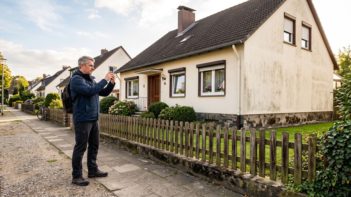 Ein Mann steht am Gartenzaun eines älteren Einfamilienhauses und fotografiert mit dem Handy die Fassade; Dach, Fenster und Sockel sind vom Gehweg aus gut zu sehen.